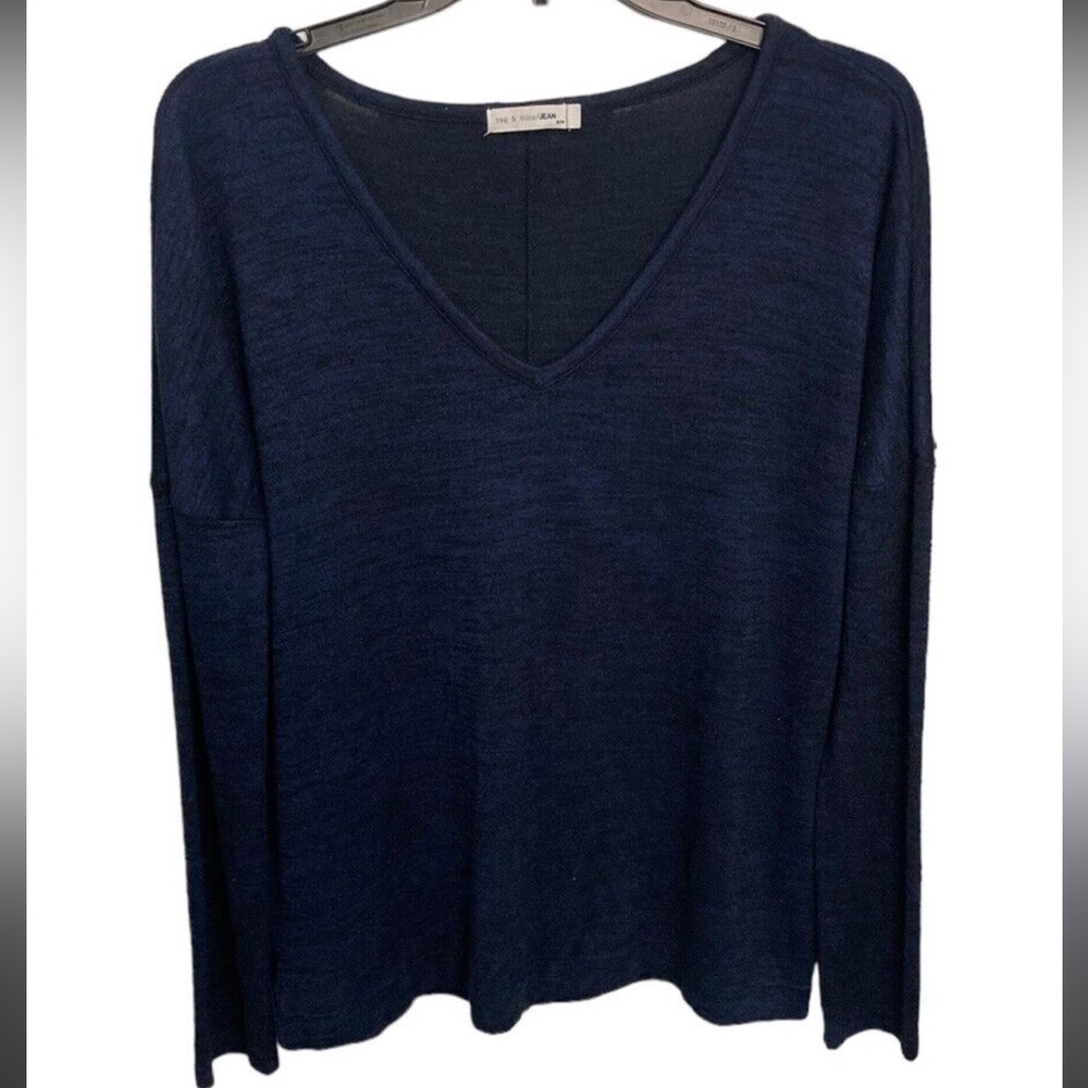 Rag & Bone Theo Blue and Black Long Sleeve V Neck Top